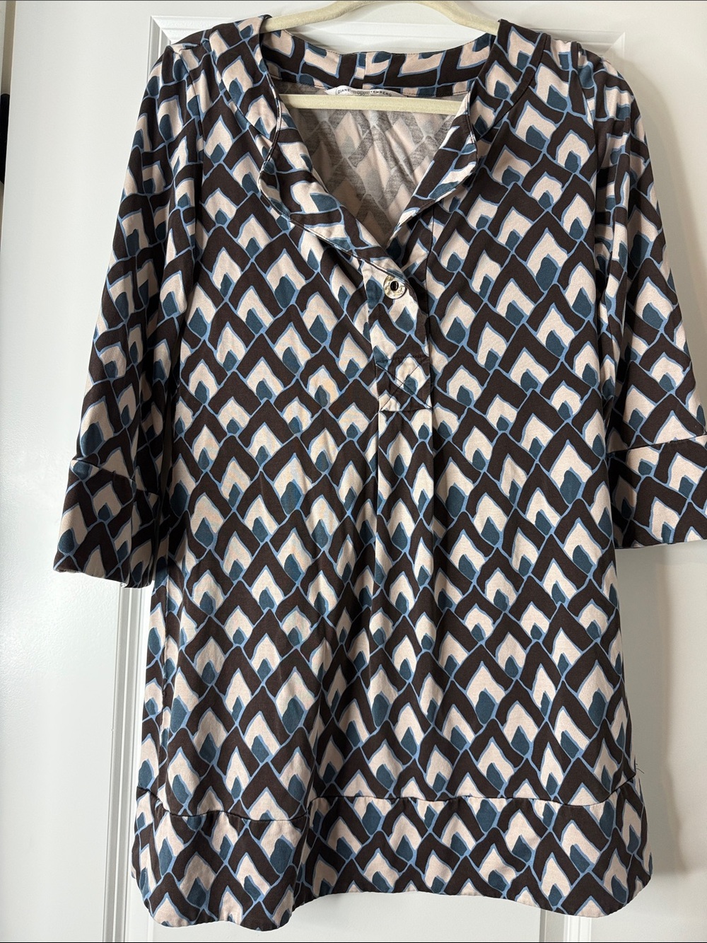 Diane Von Furstenberg Brown, Blue & Cream Geometric Tunic Top